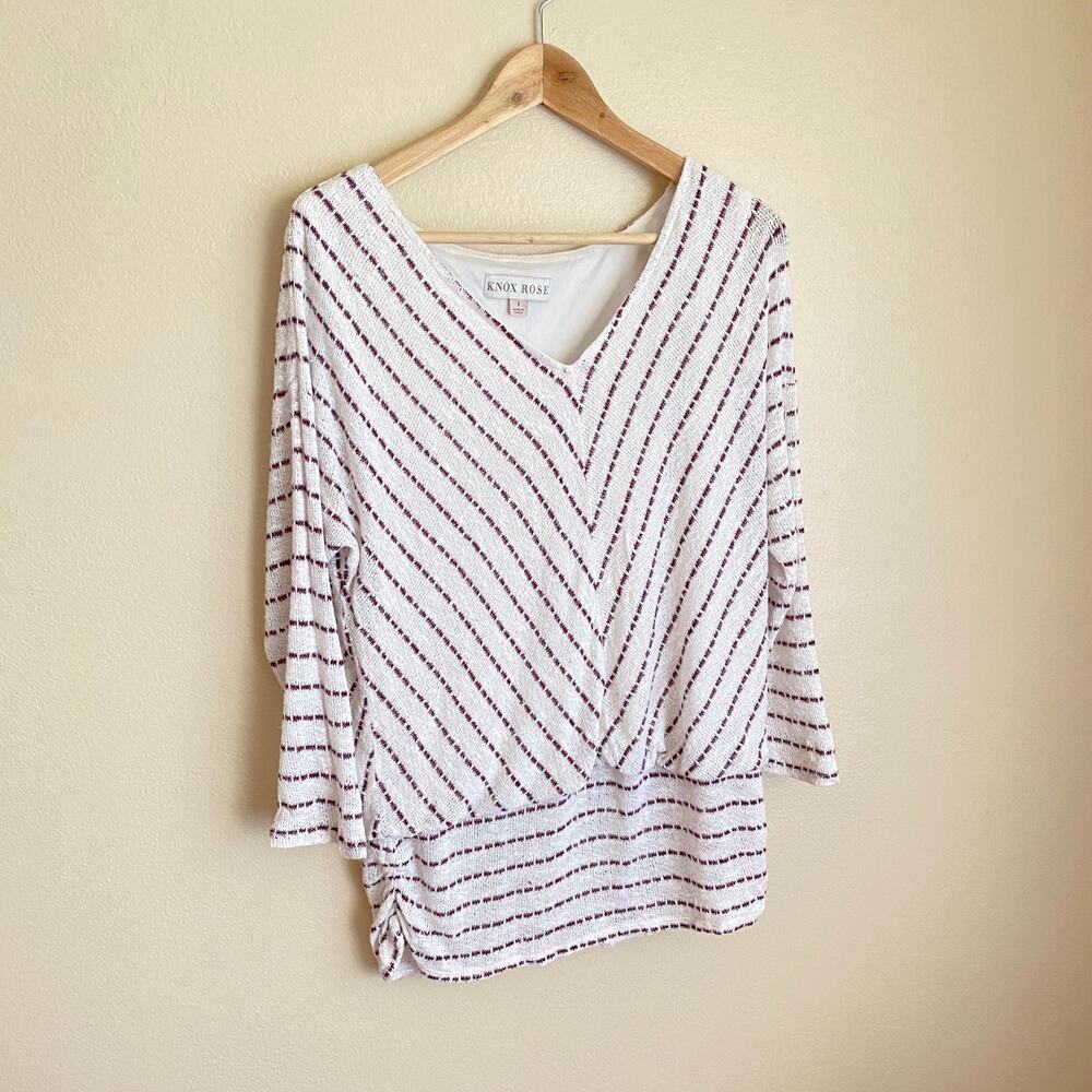 Knox Rose Size L White Maroon V Neck Sweater Blouse 3/4 Sleeve Stripe Diagonal